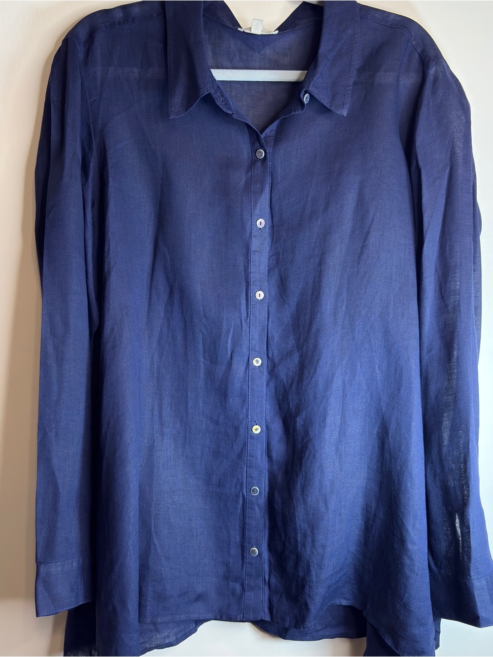 Eileen Fisher Silk Blouse XL Navy Blue Hi-Low Side Slit USA Capsule Wardrobe